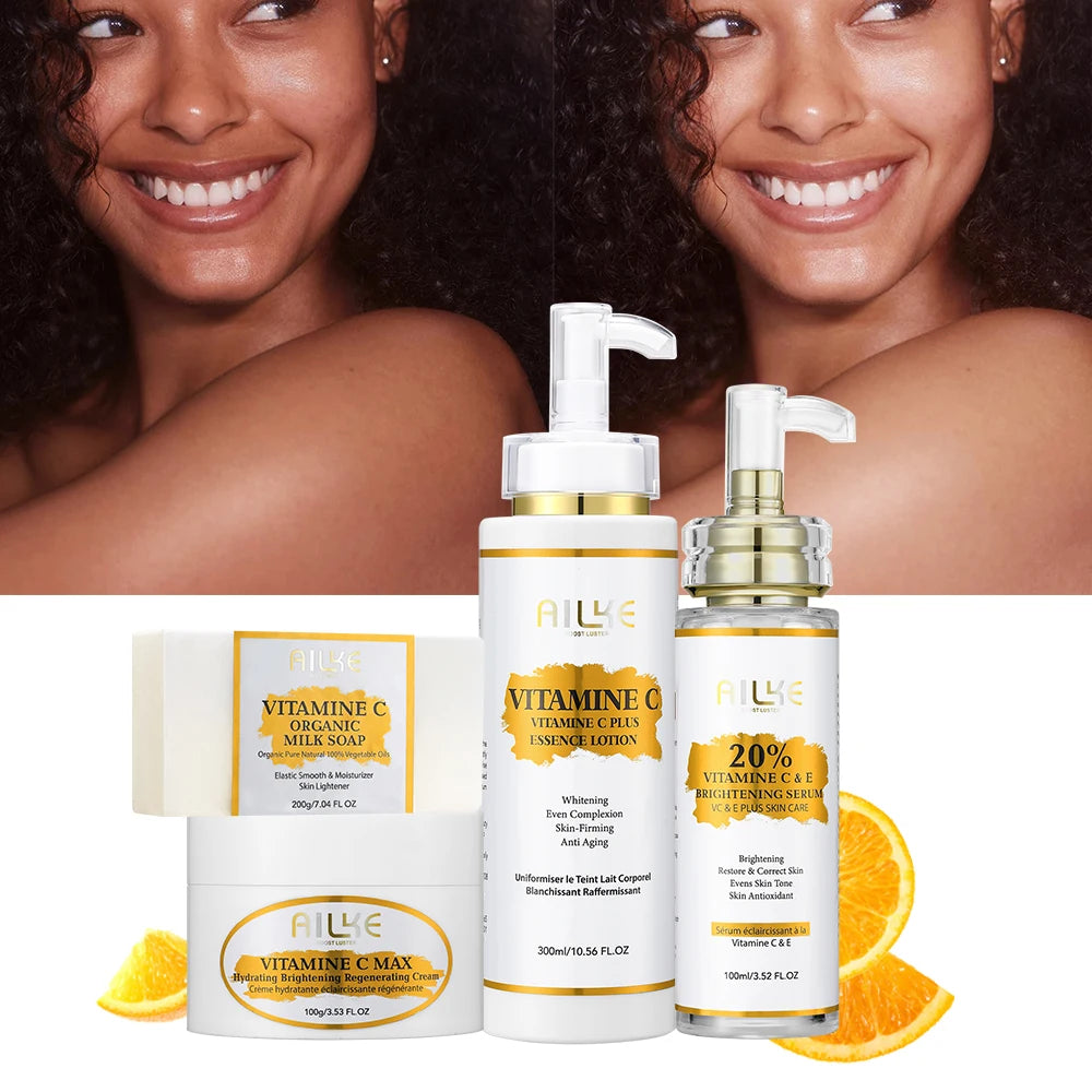 Vitamin C Skin Care Set, with Lightening Body Lotion, Even Skin Tone Face Cream, Whitening Serum, Brightening Soap