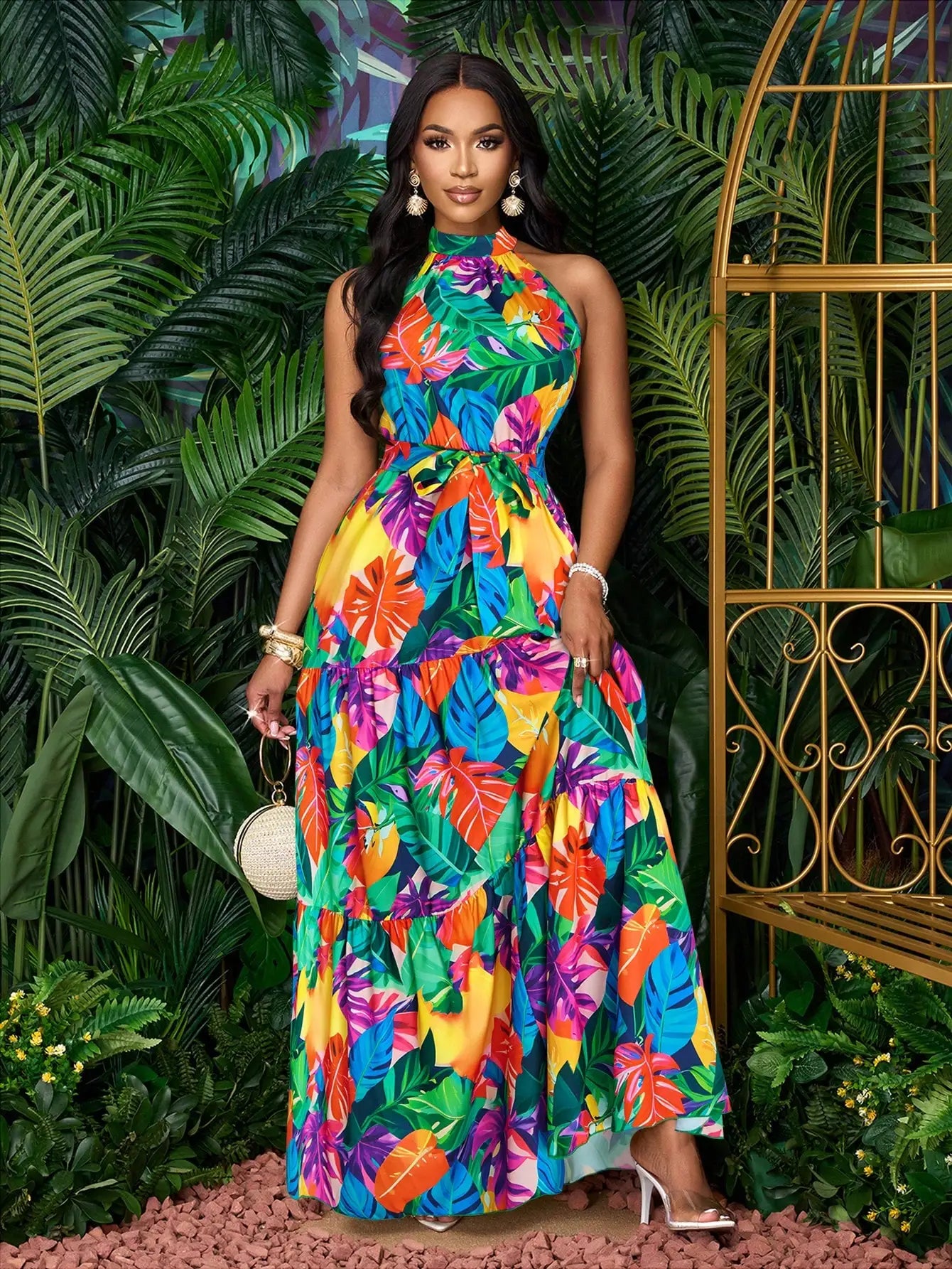 Women's Halter Neck Floral Print Tiered Maxi Dress With Belt Flowy Vacation Dress