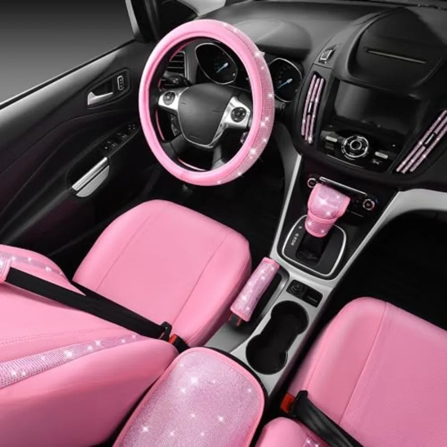 24 PCS Pink Bling Diamond Accessories Set for Women Leather Seat Covers 15'' Steering Wheel Cover Shining Rhinestone