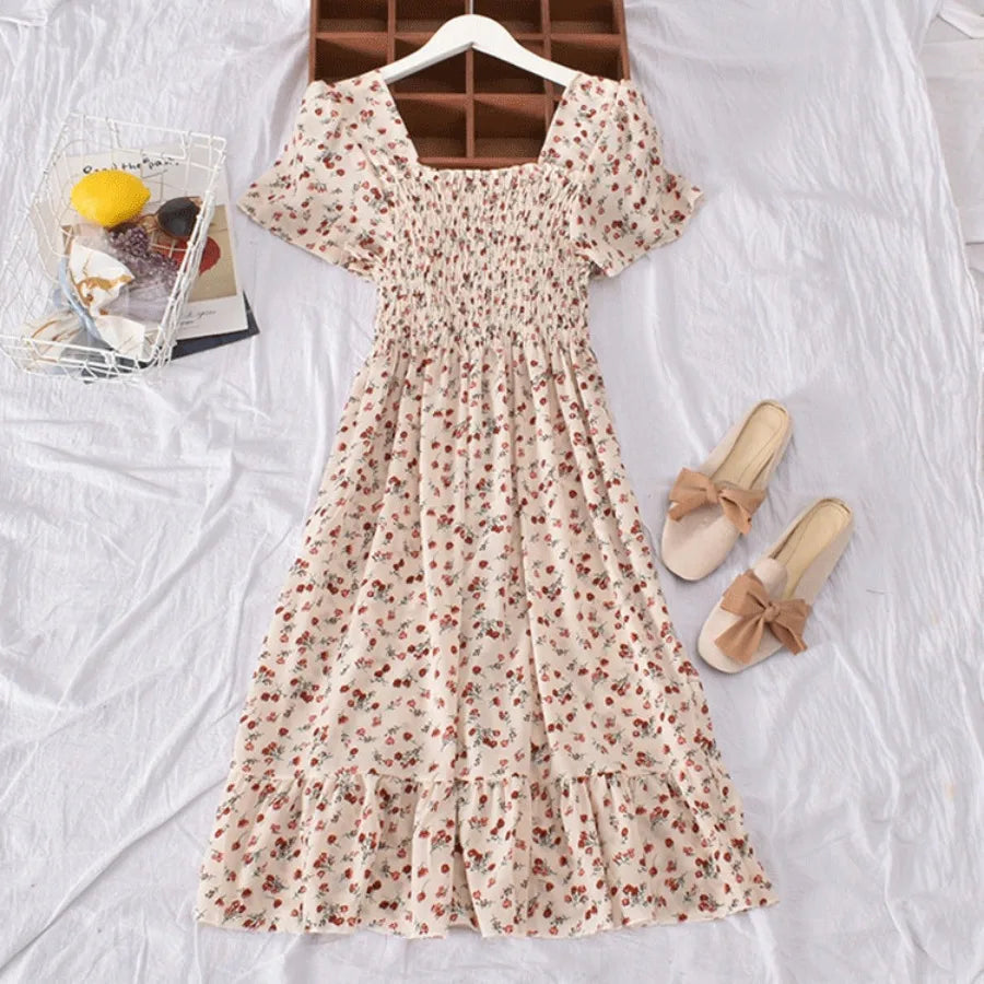 retro square collar floral waist slimming flounce splicing dress