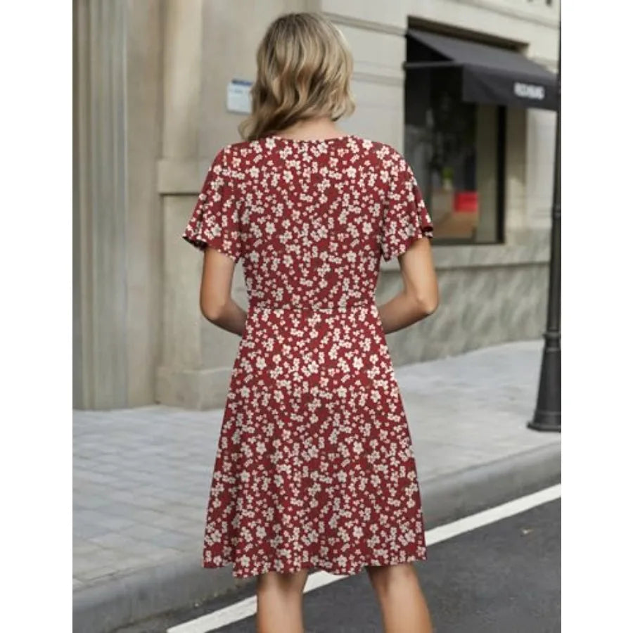 Summer Dresses Wrap V Neck Dress Floral A-Line Ruffle Sleeve Casual Sundress with Pockets