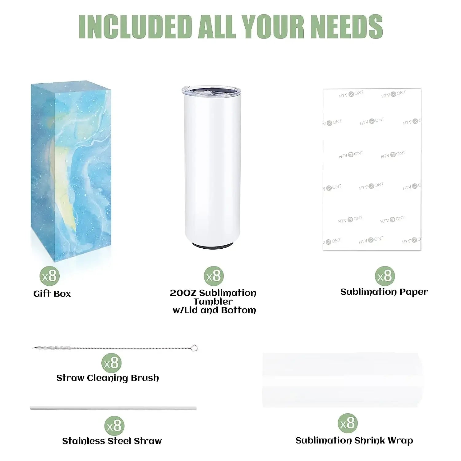 8 Pack 20 OZ Sublimation Tumbler Blanks Skinny Straight in Bulk