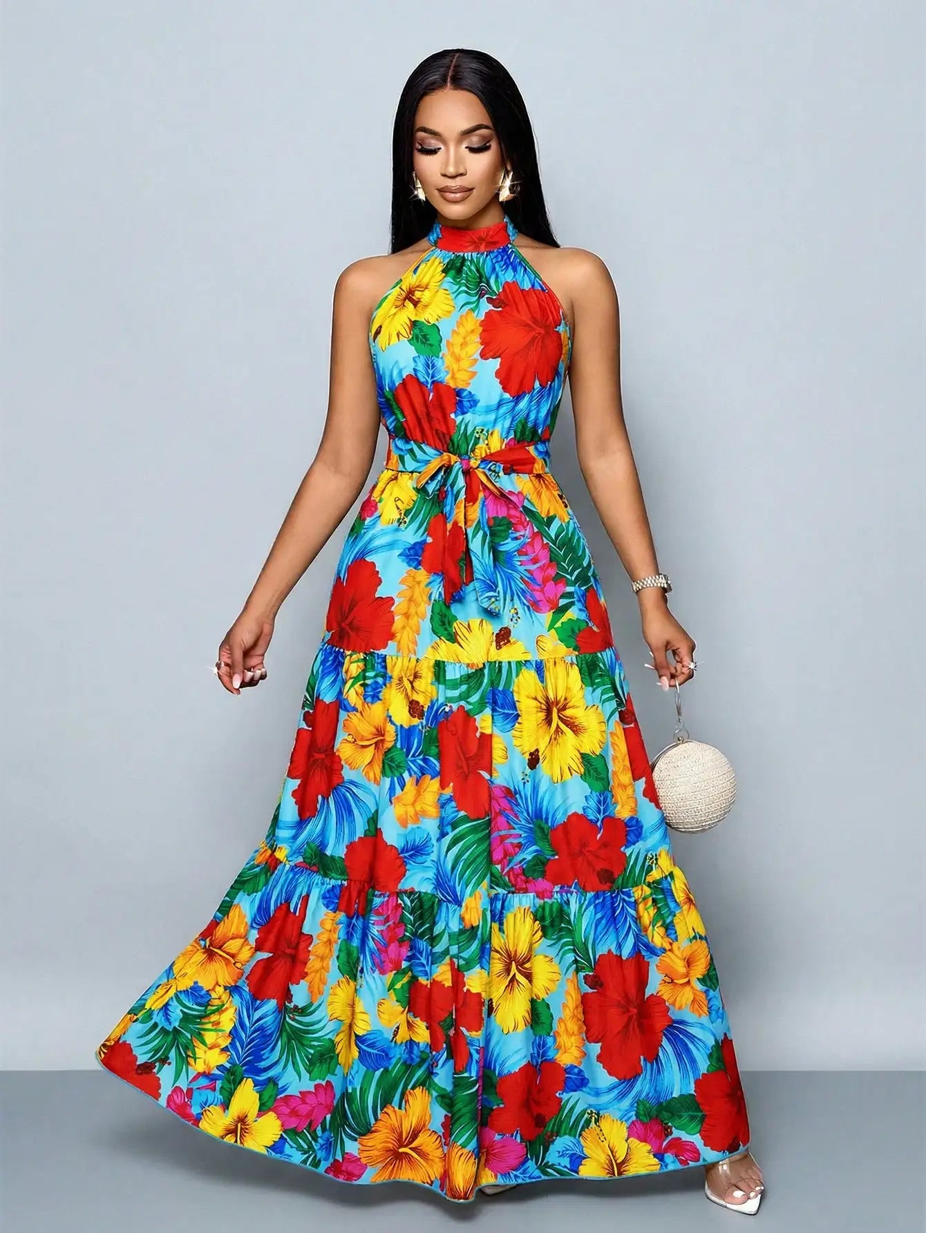 Women's Halter Neck Floral Print Tiered Maxi Dress With Belt Flowy Vacation Dress