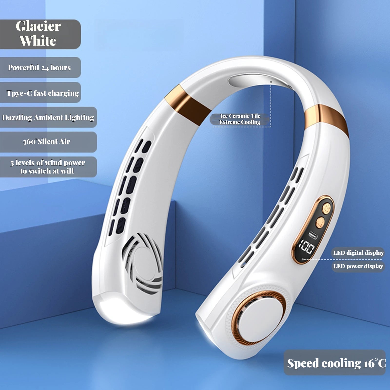 Portable Ice-Cooling Fan with LED Light, Silent Bladeless Halterneck Design
