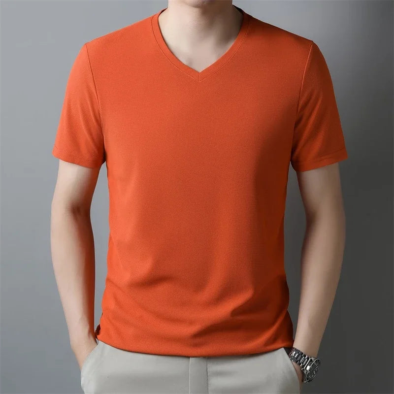 Men's New Waffle V Neck Short Sleeved T-shirt Summer Comfortable Top