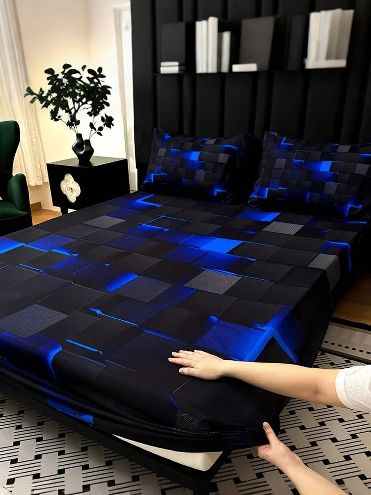 3pcs Cool Technology Digital Printing Material Plaid Fitted Sheet deep pockets