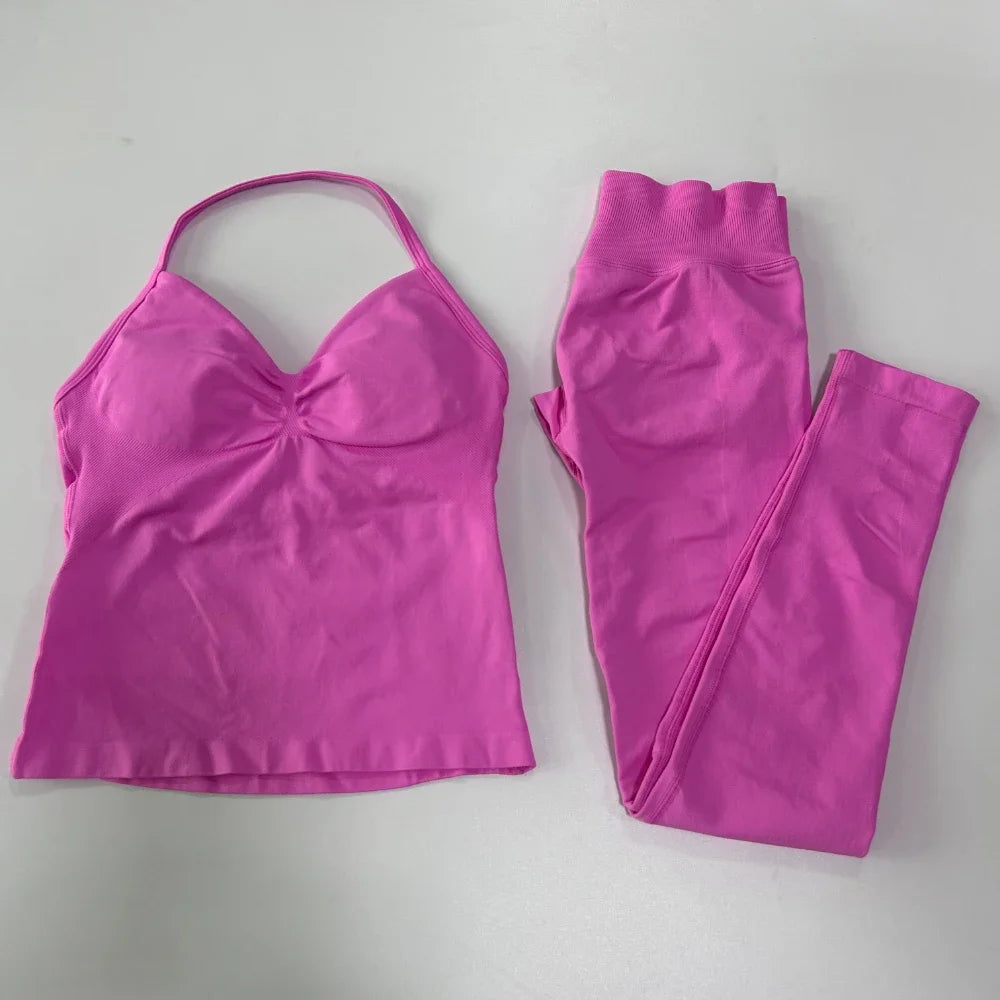 No Logo Seamless Gym Set Women Tank Tops High Waist Yoga Leggings Fitness Clothes Workout Sets Gym Suit Activewear