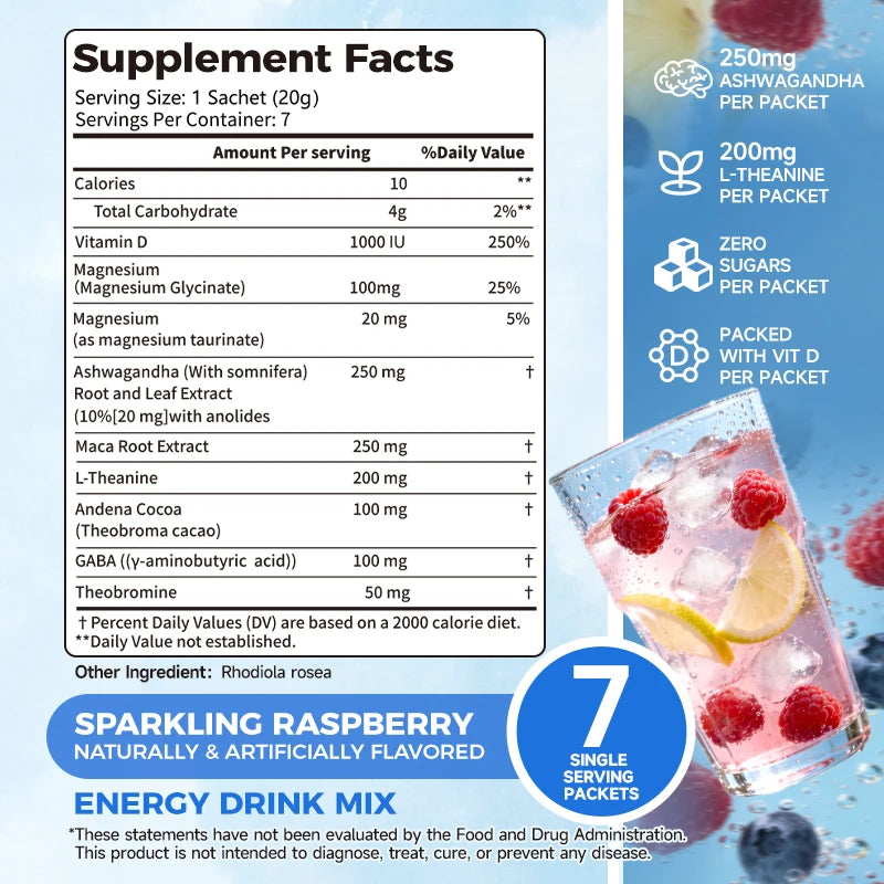 Drink Mix Powder with Ashwagandha, Magnesium, L-Theanine - Stress Relief, Calm Focus, Sleep Support,Sugar-FREE
