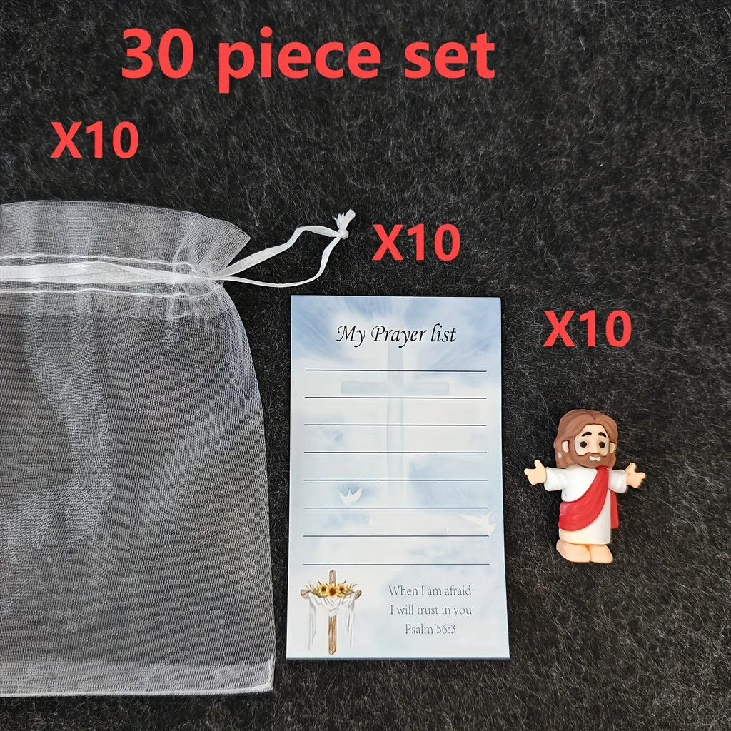 30pc mini Jesus statue & prayer card pack. "My Lord My God My Savior" keepsake. Christian Easter gifts.