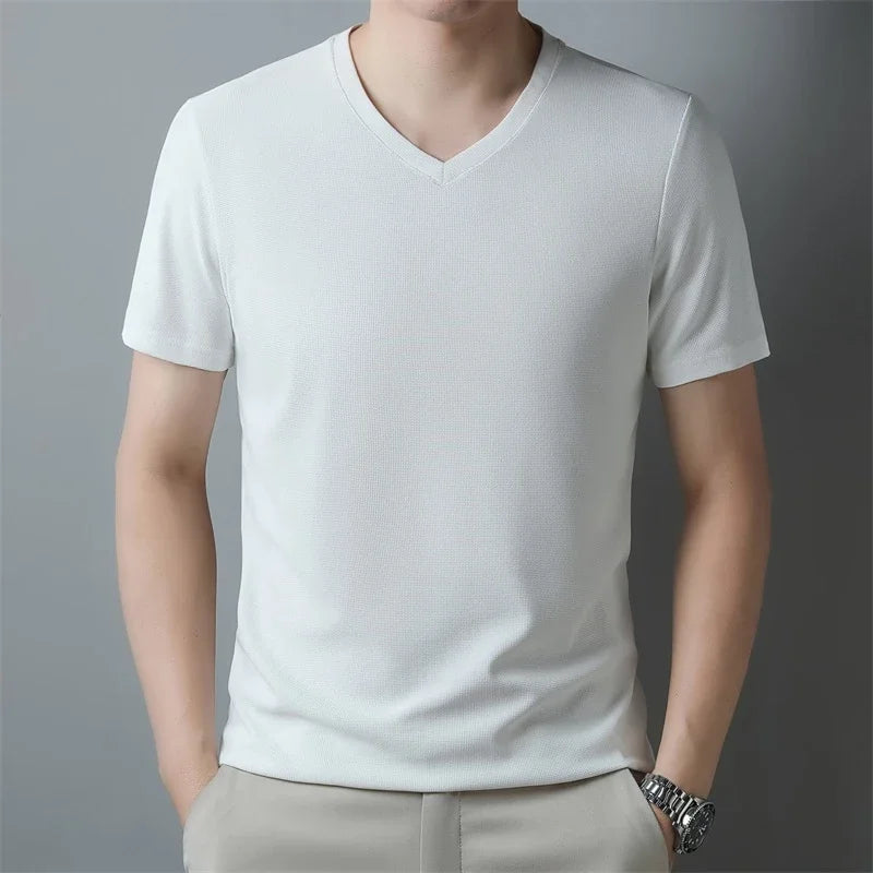 Men's New Waffle V Neck Short Sleeved T-shirt Summer Comfortable Top