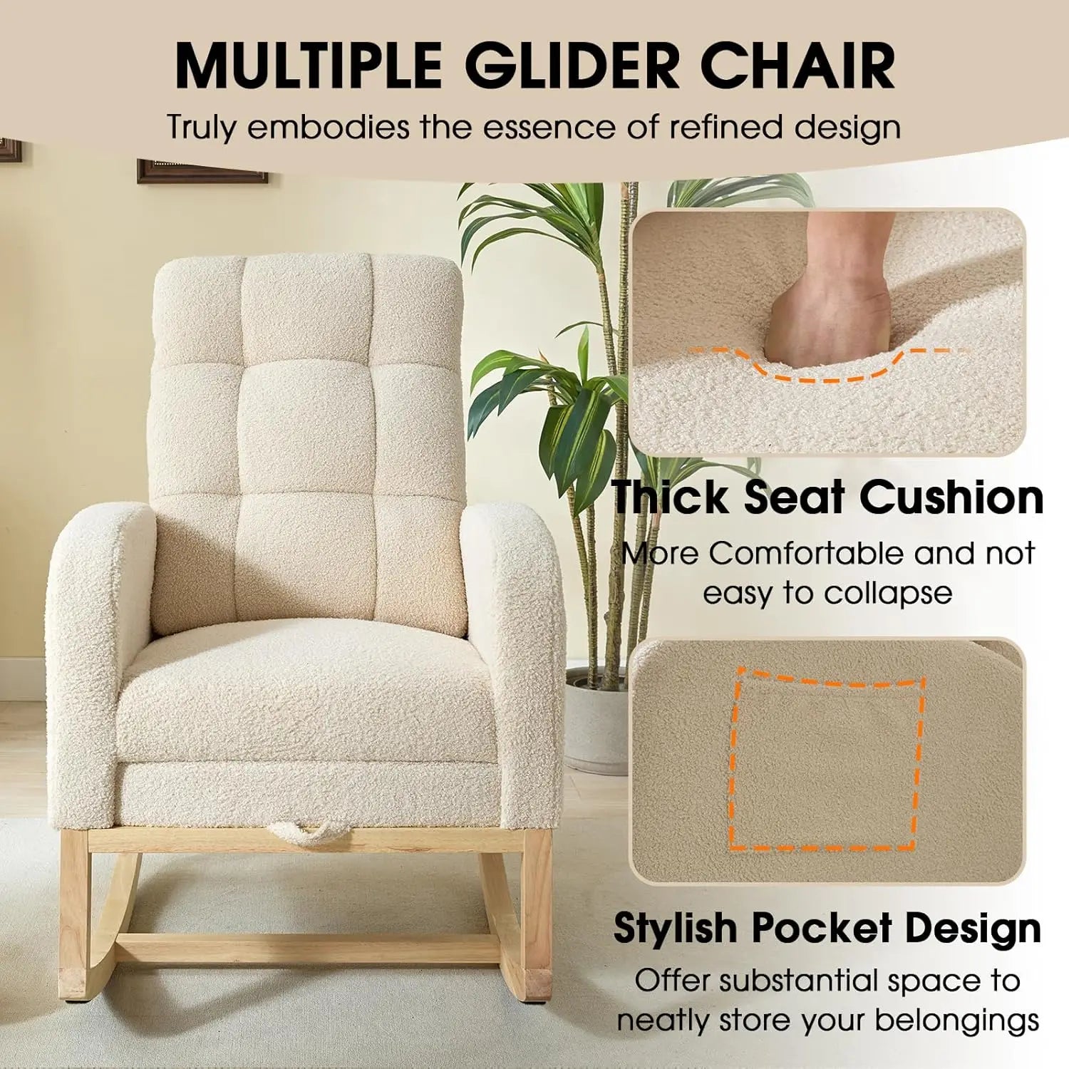 Modern Nursery Rocking Chair, Teddy Upholstered Rocking Chair with Footrest, Comfortable Rocker Recliner