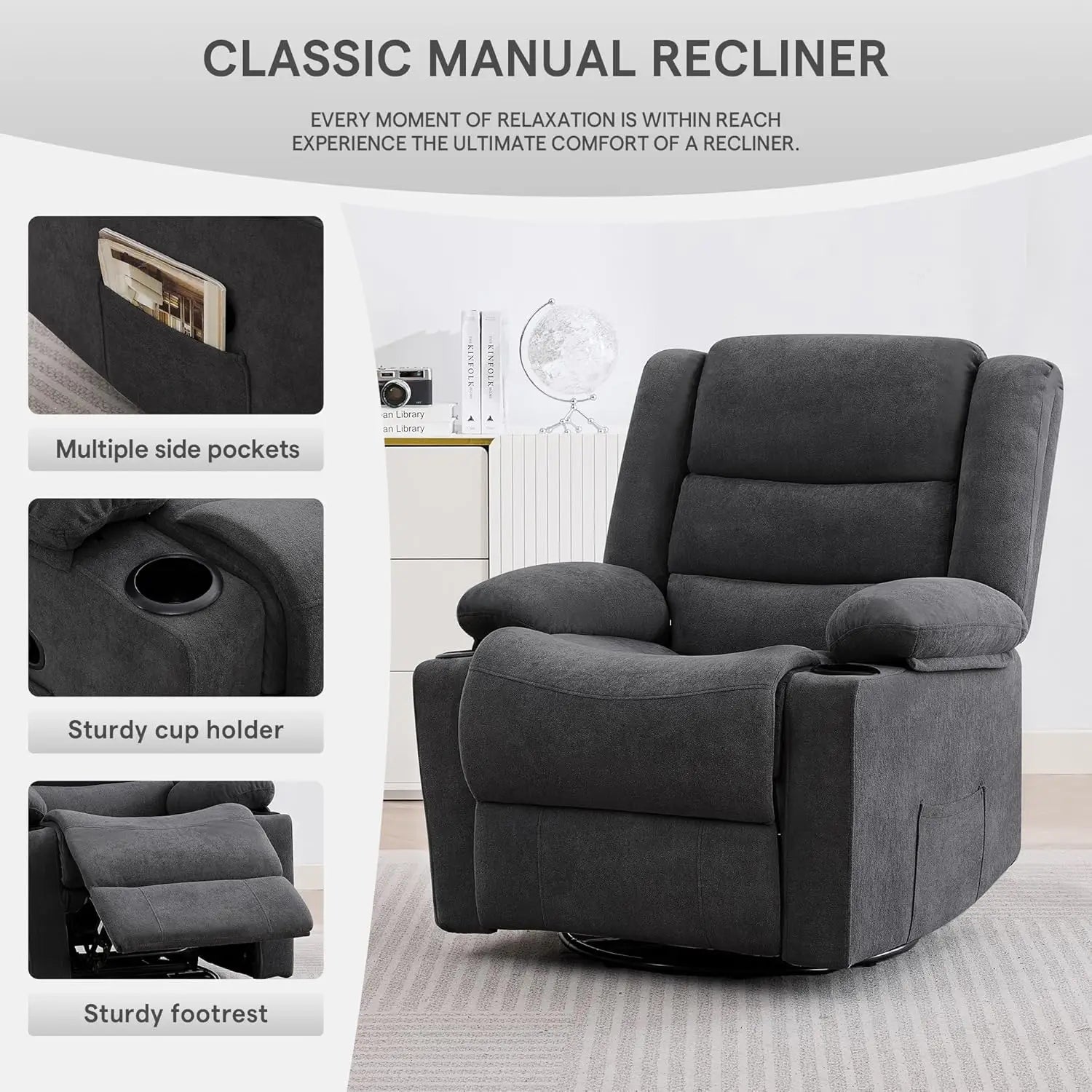 360°Swivel Rocking Recliner Chair with Side Pockets & Cup Holders for Living Room & Bedroom, Custom
