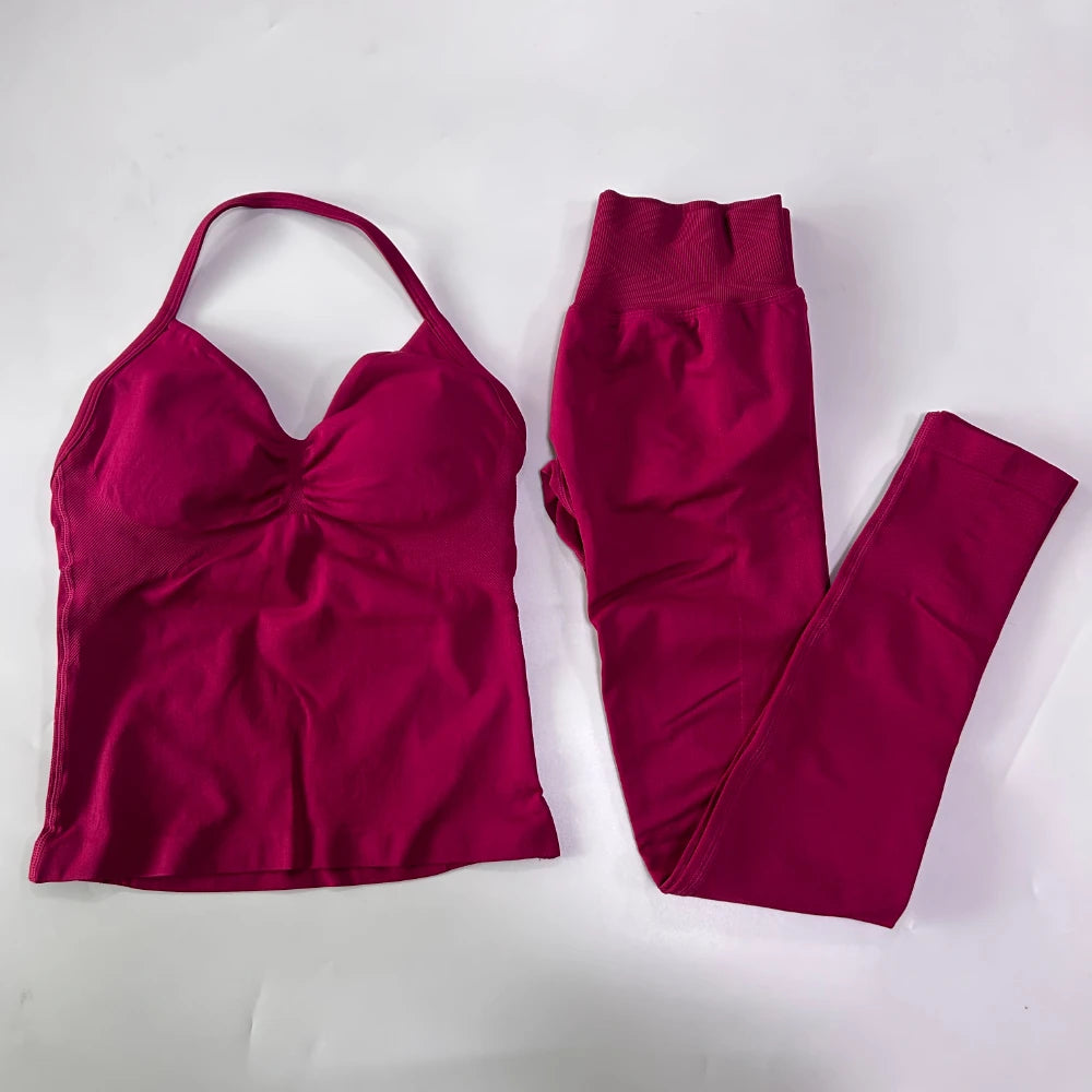 No Logo Seamless Gym Set Women Tank Tops High Waist Yoga Leggings Fitness Clothes Workout Sets Gym Suit Activewear