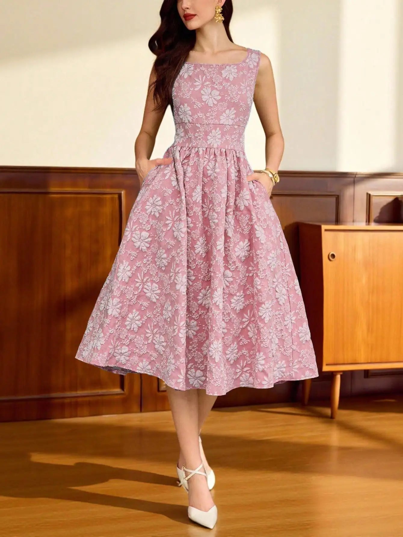 Light Blue Floral Textured Sleeveless Square Neck A-Line Midi Dress With Pockets