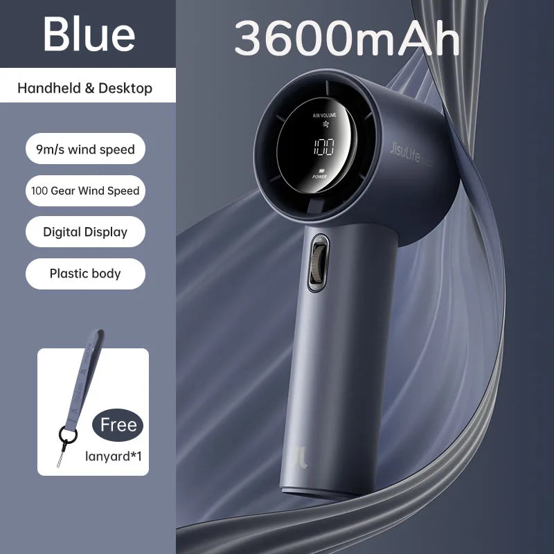 JISULIFE Mini Portable Hand Fan, 100 Wind Speeds, 5000mAh USB Battery Rechargeable, LED Digital Display