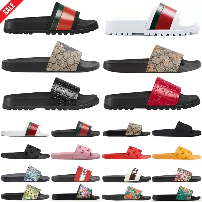 Designer Slippers Fashion Flat Slides Mens Womens claquettes Rubber Slide Sandal Black White Blooms Floral Flat Gear