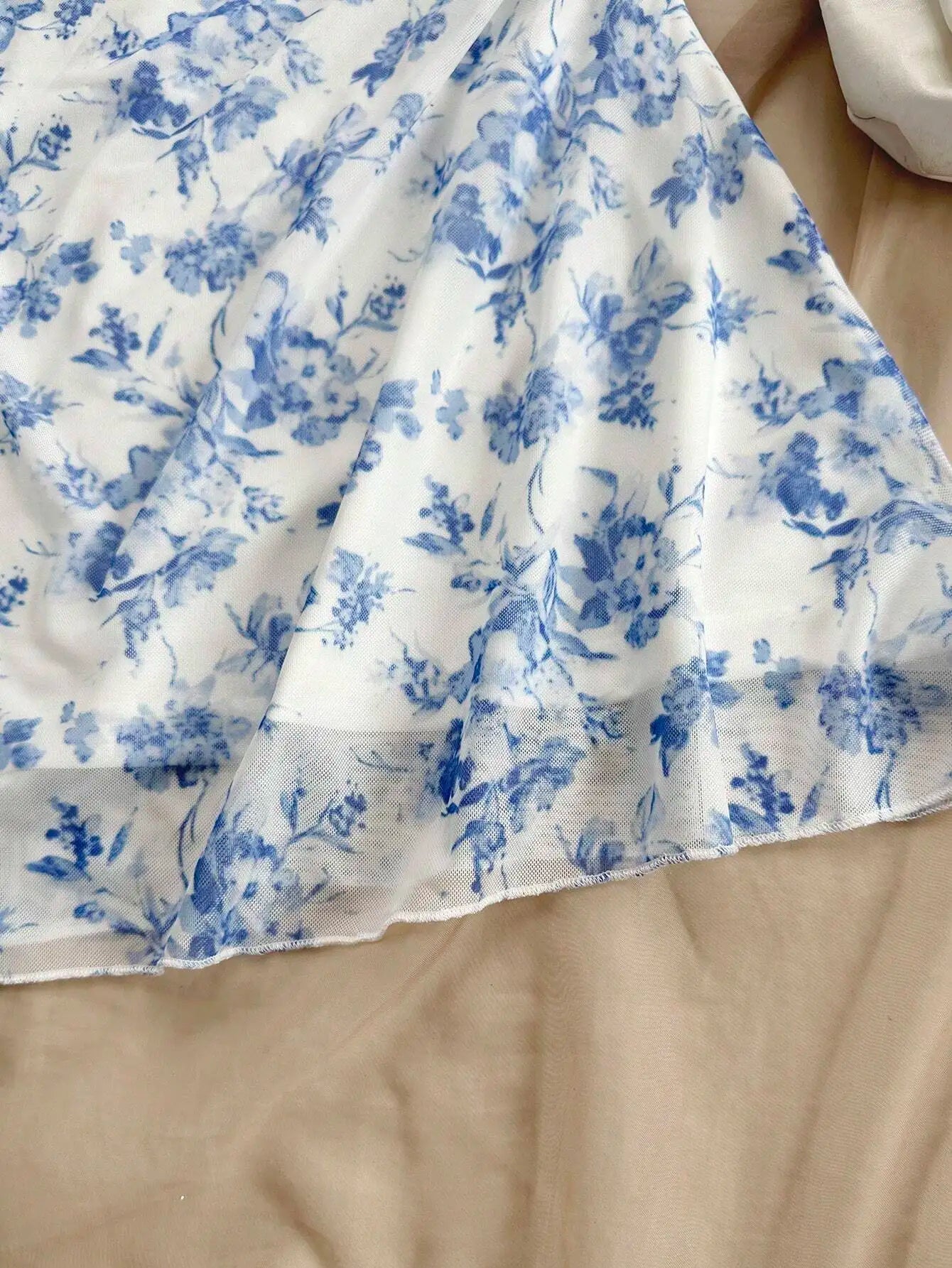Blue and White Floral Print Ruched Strap Dress for Teen Girls, Summer Casual Style