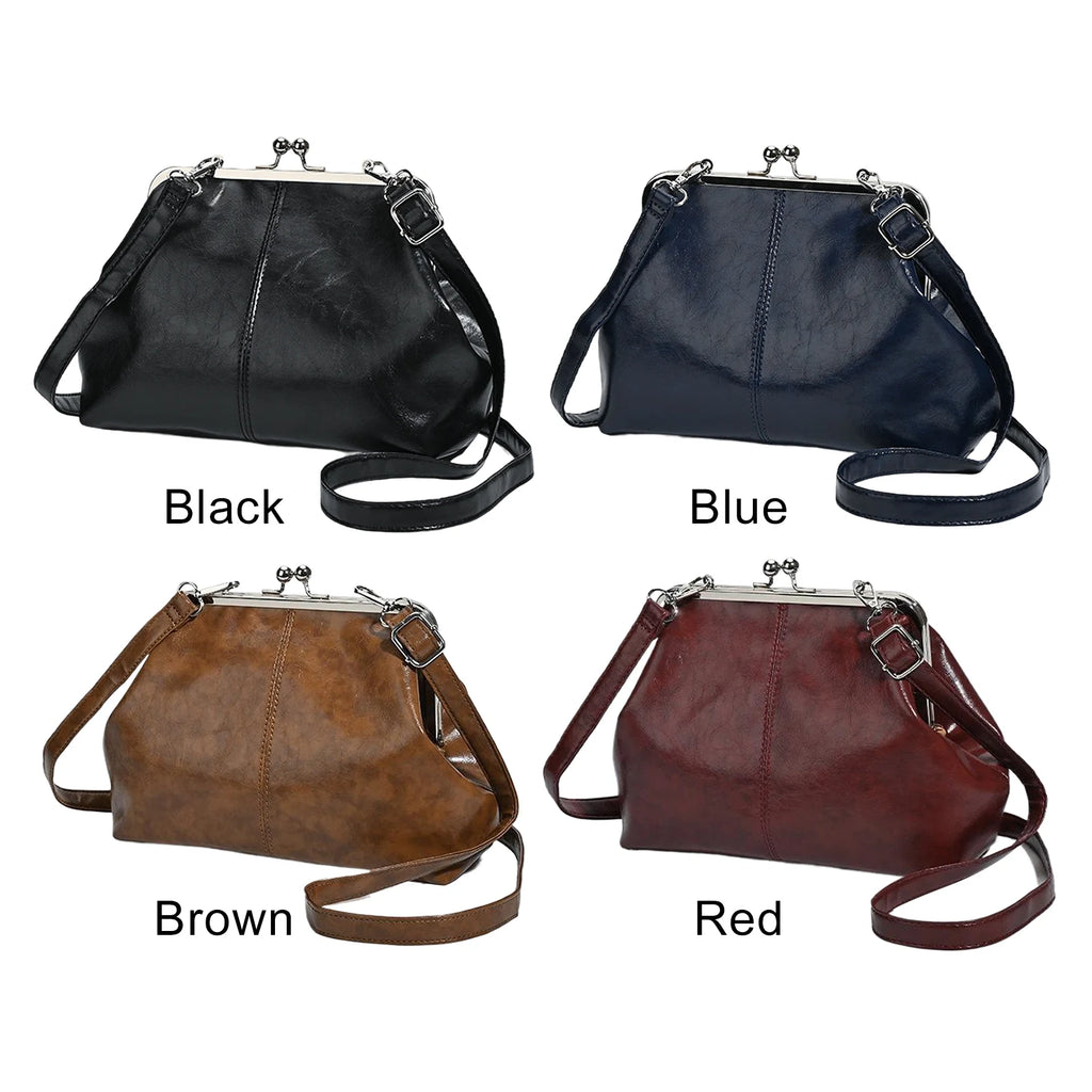 Leather Solid Color Shoulder Bag with Adjustable Strap Elegant Kiss Lock Shoulder Bag