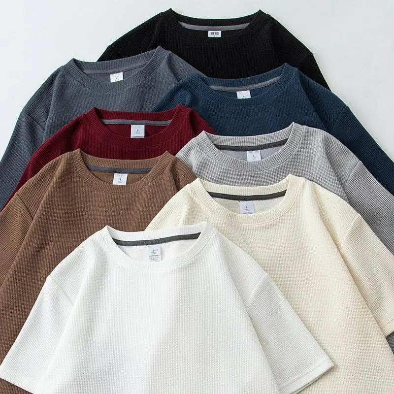 Waffle Short Sleeved T-shirt  Round Neck Half Sleeved Top Loose Casual Solid