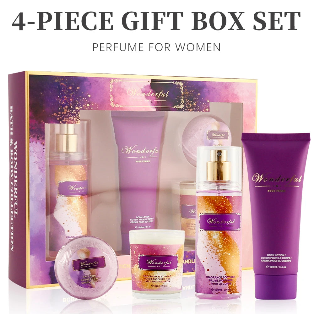 Women's Fragrance Sets 3.4fl.oz Body Mist, 3.4fl.oz Body Lotion, 3oz Candle and 2oz Bath Bomb 4 Pcs