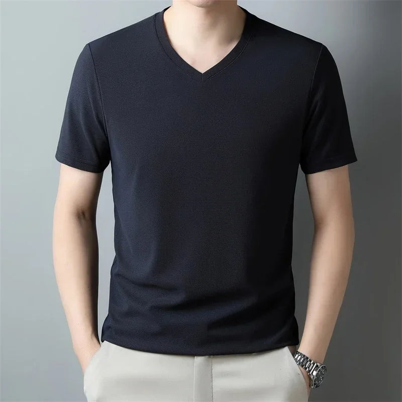 Men's New Waffle V Neck Short Sleeved T-shirt Summer Comfortable Top