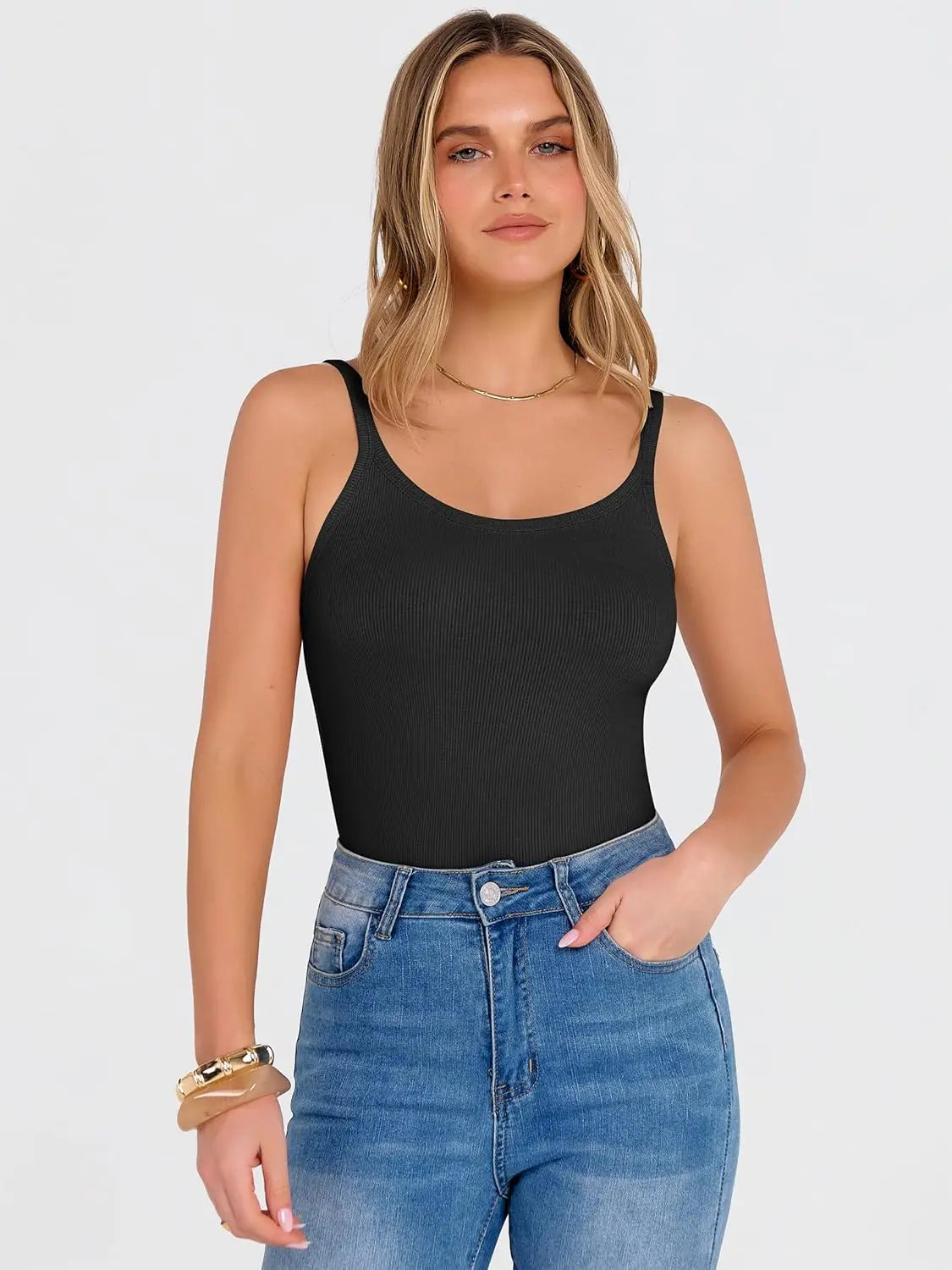Tank Top for Womens Summer 2026 Scoop Neck Sleeveless Ribbed Knit Workout Basic Tees Slim