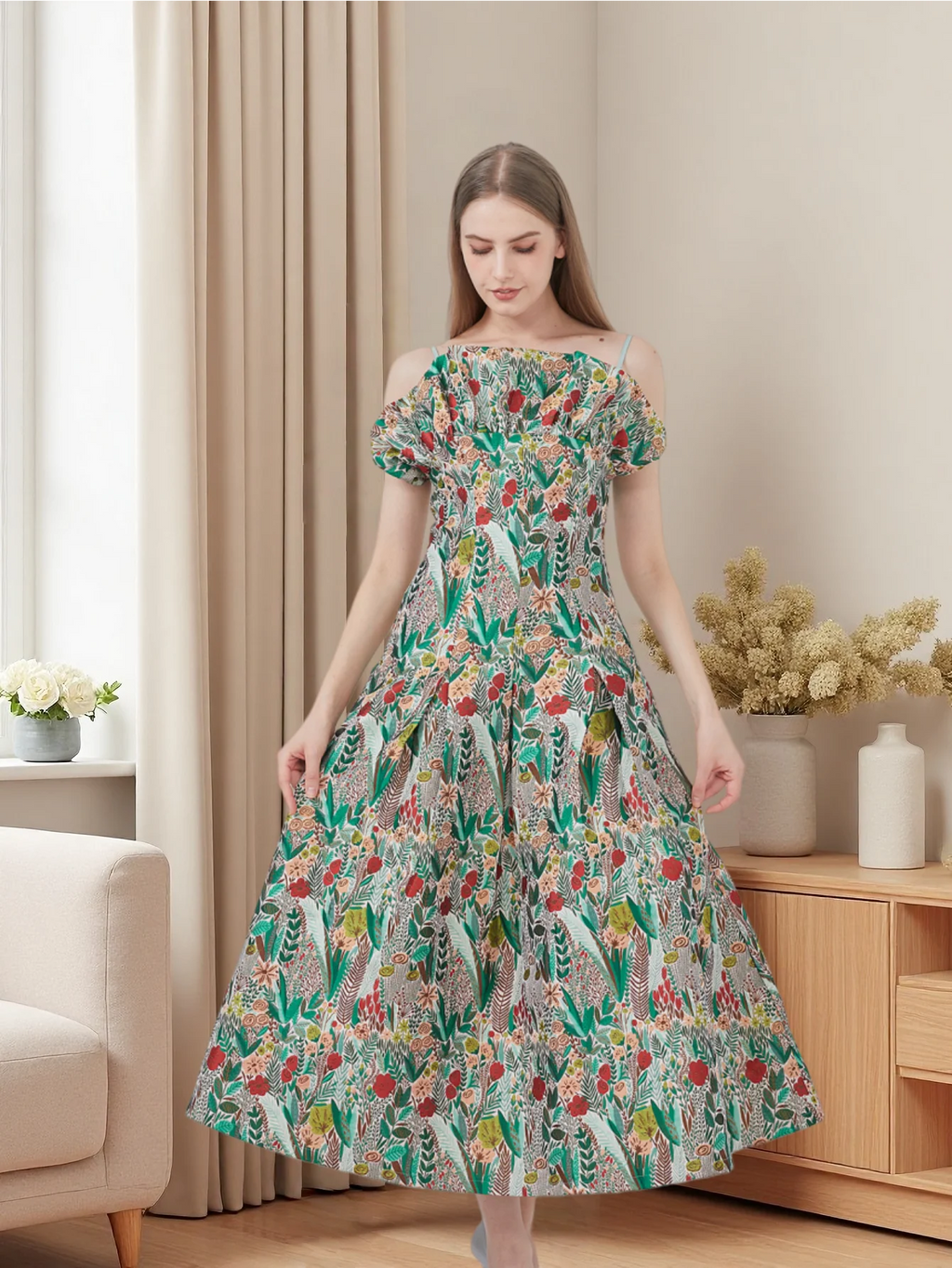 French Retro One-Shoulder Strapless Dress Floral Meadow Jacquard Waist-Defined Flared Long Dress Light