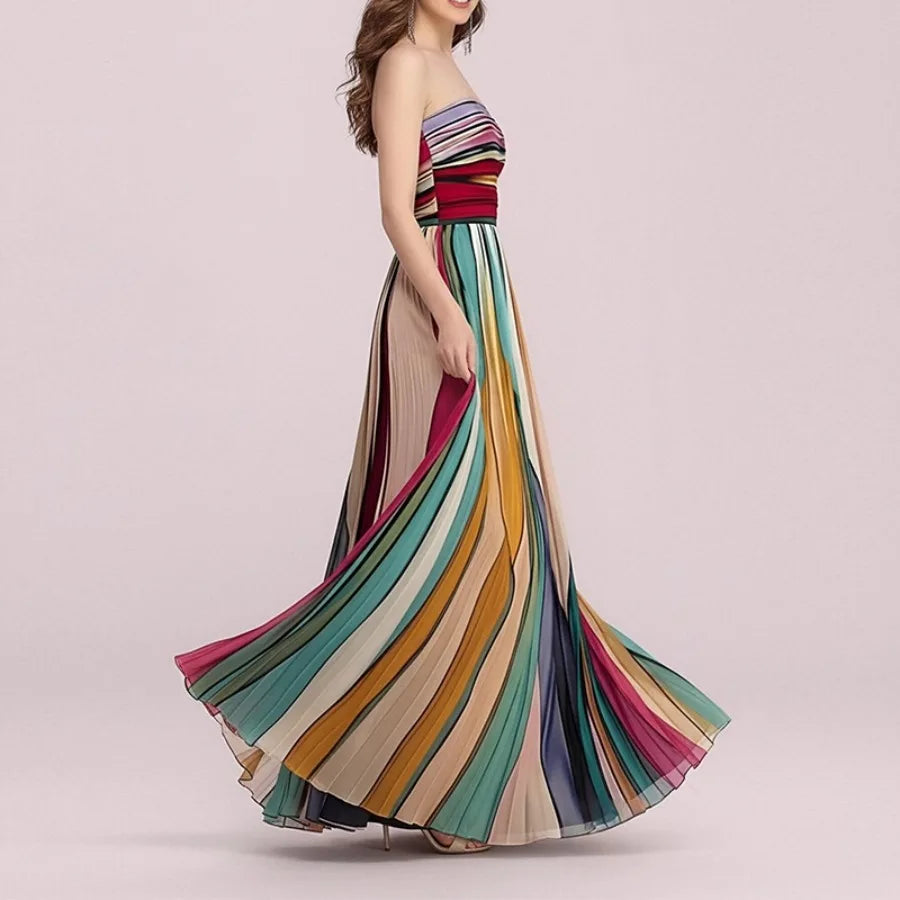 Europe and America - dress fashionable and elegant waist pleated printed long dress