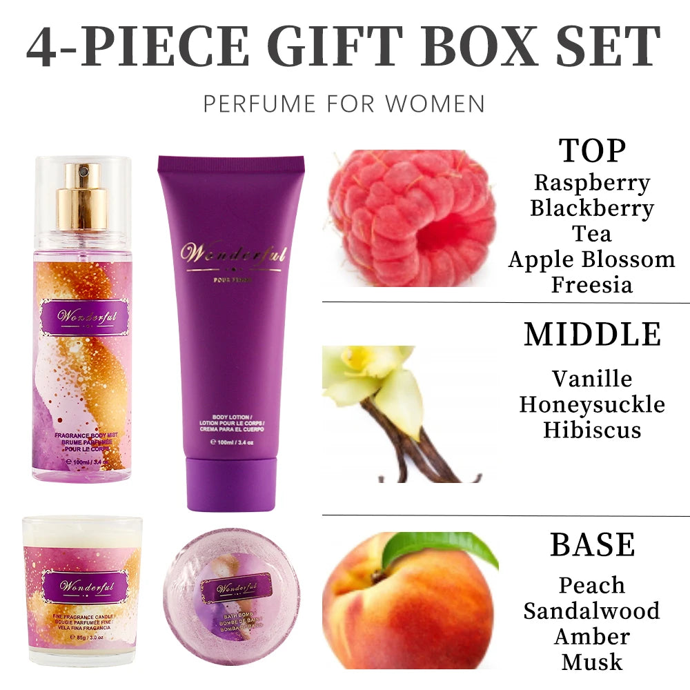 Women's Fragrance Sets 3.4fl.oz Body Mist, 3.4fl.oz Body Lotion, 3oz Candle and 2oz Bath Bomb 4 Pcs