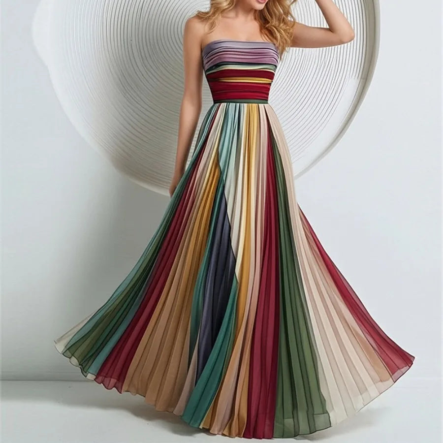 Europe and America - dress fashionable and elegant waist pleated printed long dress