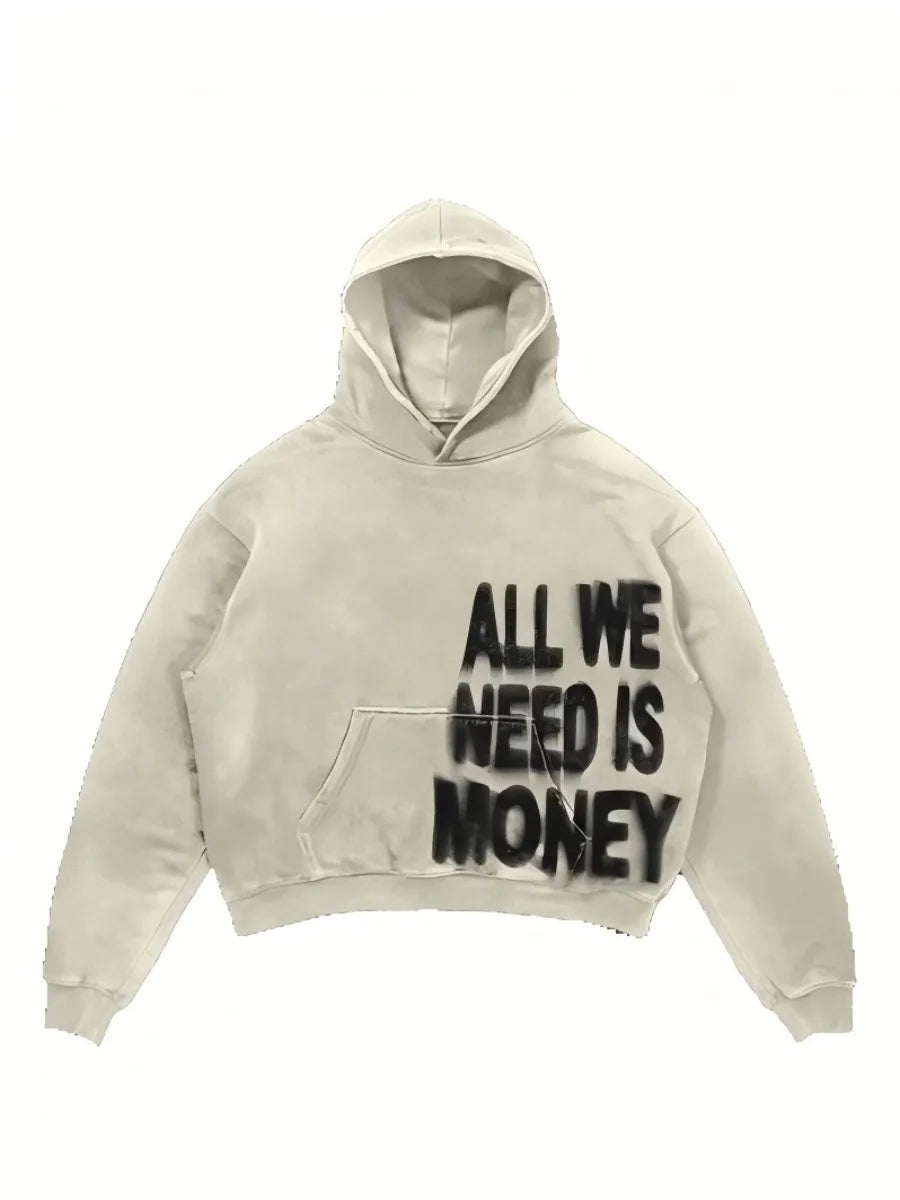Pink Hoodies All We Need Is Money Letter Print Y2K Loose Hip Hop Street Hooded Sweatshirt Unisex