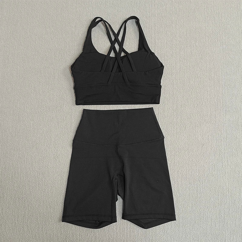 2-Piece Yoga Set Tights Shorts For Woman Cross Back Bra Top + High Waist Shorts Fitness Running Workout Tracksuit