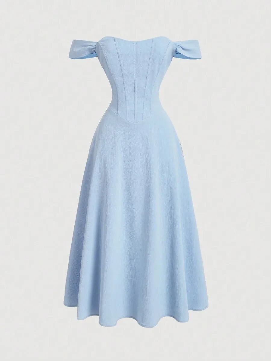 Light Blue Off-Shoulder Corset-Style Midi Dress with Bow Sleeves