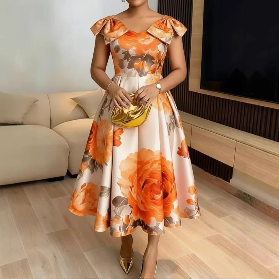 French orange blossom print dress, ruffled neckline, elegant vacation style, slimming and waist