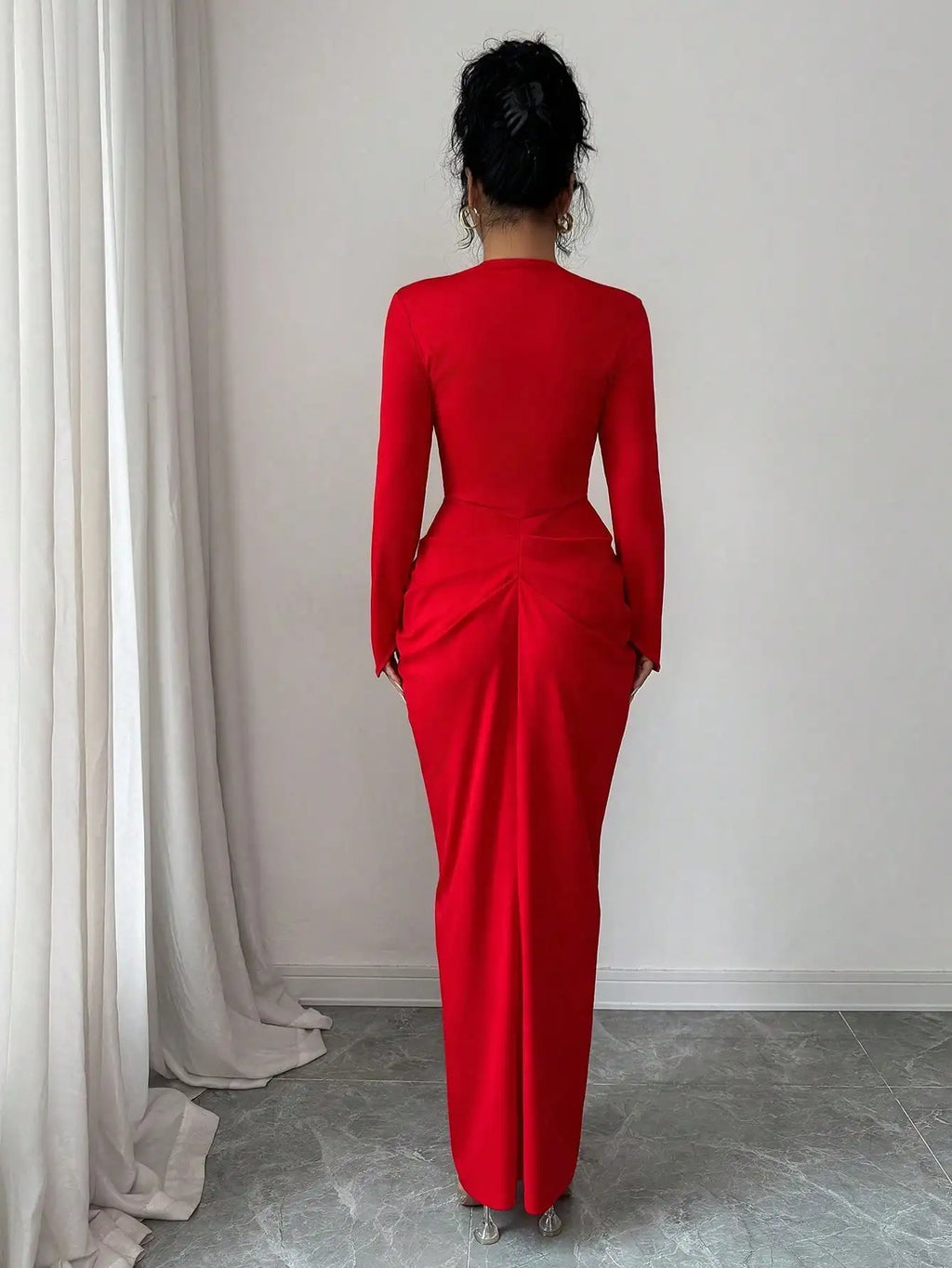 Red Lace Panel Square Neck Long Sleeve Fitted Maxi Dress with Ruched Skirt