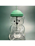 Mini Bear-Shaped Glass Cup With Pink Hat Lid & Straw
