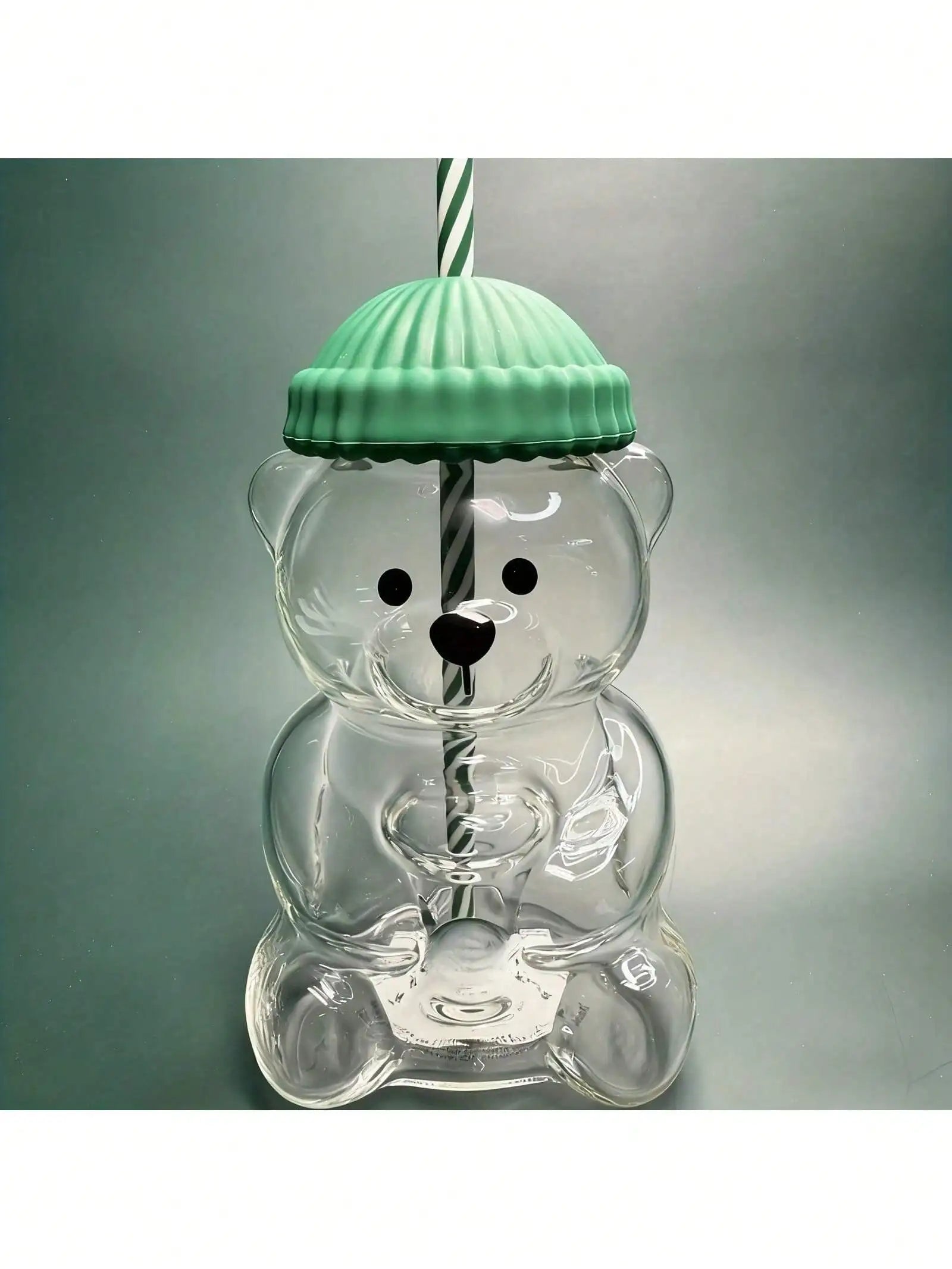 Mini Bear-Shaped Glass Cup With Pink Hat Lid & Straw