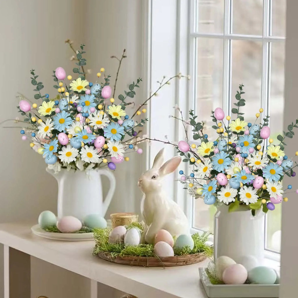 Pastel Easter Artificial Flower Bouquet - Plastic Faux Floral Arrangement with Eggs and Berries