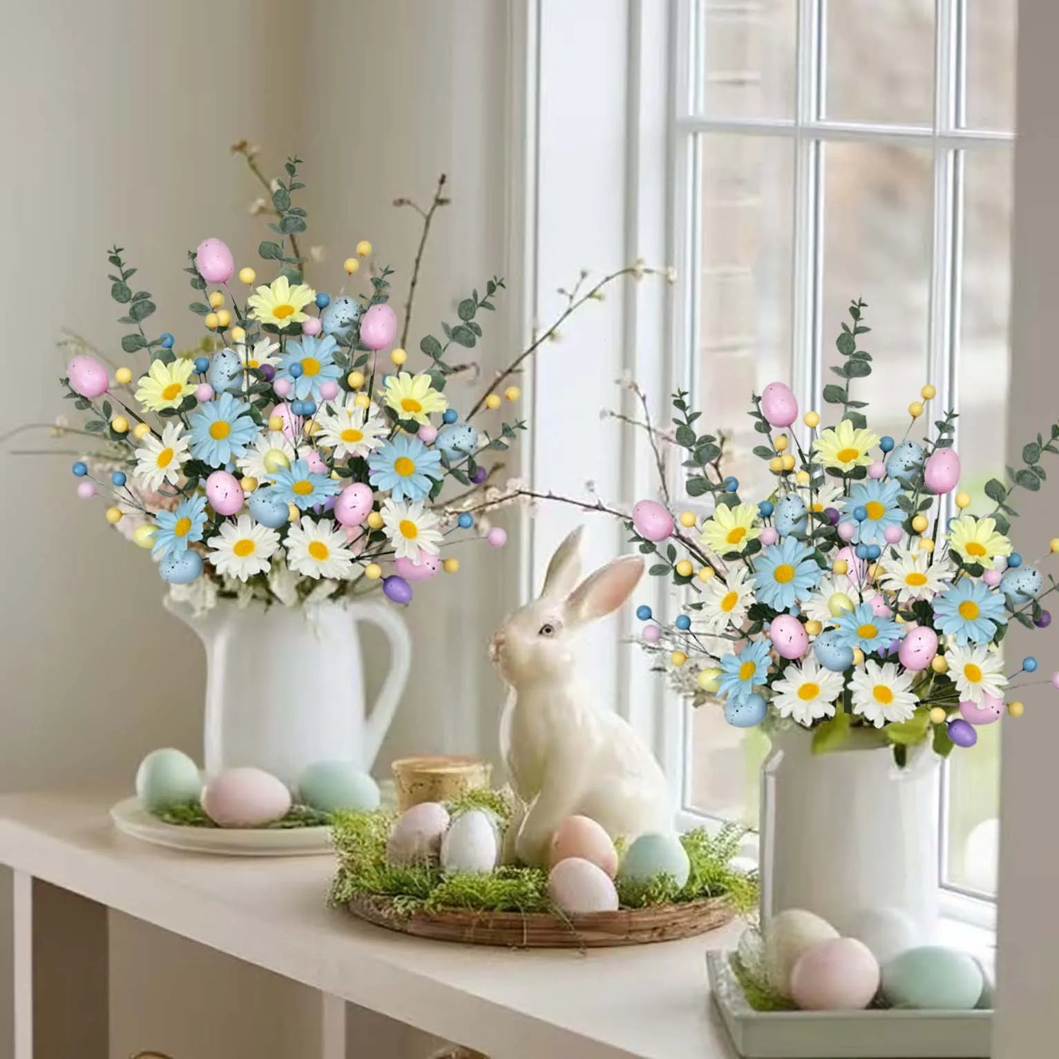 Pastel Easter Artificial Flower Bouquet - Plastic Faux Floral Arrangement with Eggs and Berries