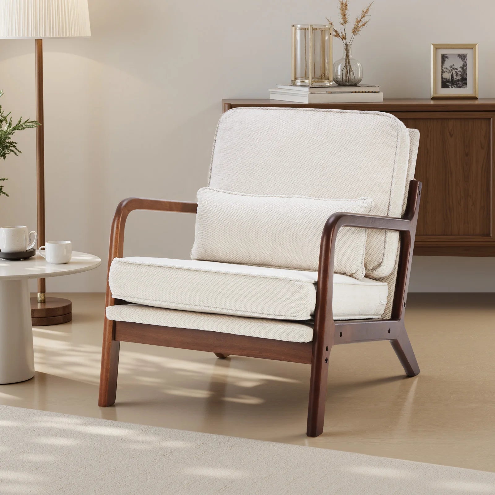 JHK Mid Century Modern Chair Solid Wooden Frame Accent Chair with Arms and Waist Cushion Reading Chairs
