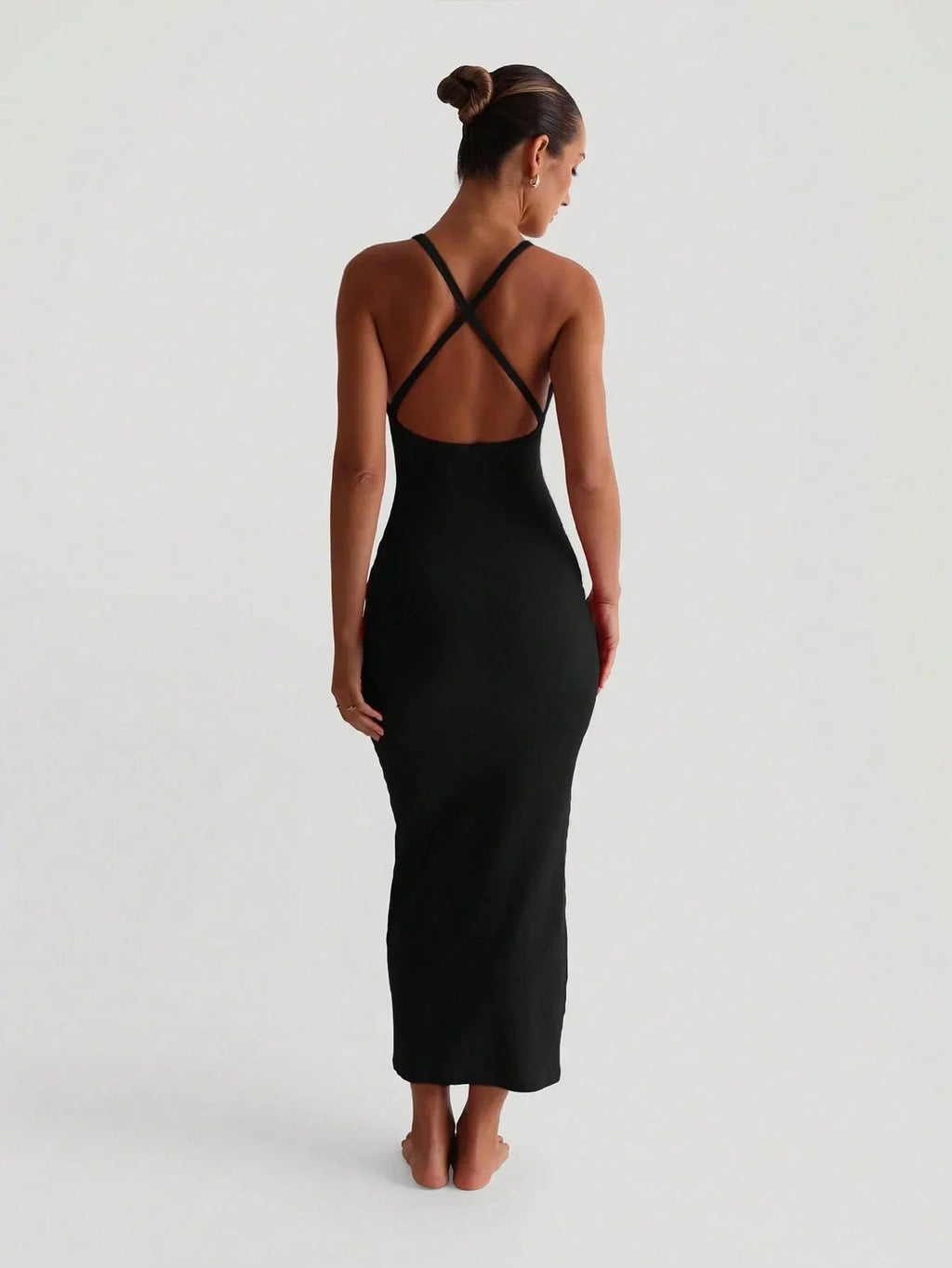 Ribbed Knit V-Neck Maxi Dress With Criss-Cross Back, Stretch Bodycon Fit For Evening Or Summer