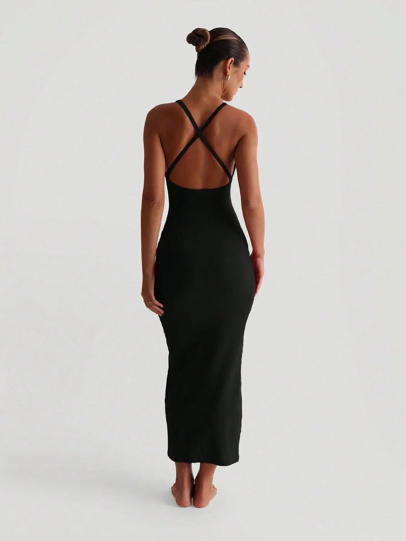Ribbed Knit V-Neck Maxi Dress With Criss-Cross Back, Stretch Bodycon Fit For Evening Or Summer