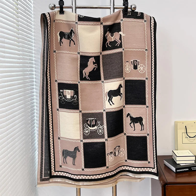 Poncho Cashmere Winter Women Scarf Horse Print Shawl Wrap