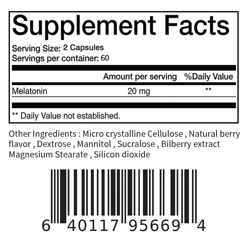 Melatonin Capsules 20mg - Aids Sleep, Improves Sleep Quality, Promotes Deep Sleep - 120 Capsules