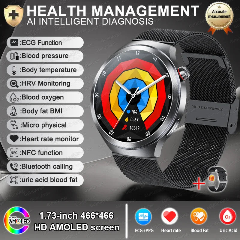 New For Health ECG+PPG Smart Watch Lipids Uric acid Blood Pressure Health 100+Sport HD Bluetooth