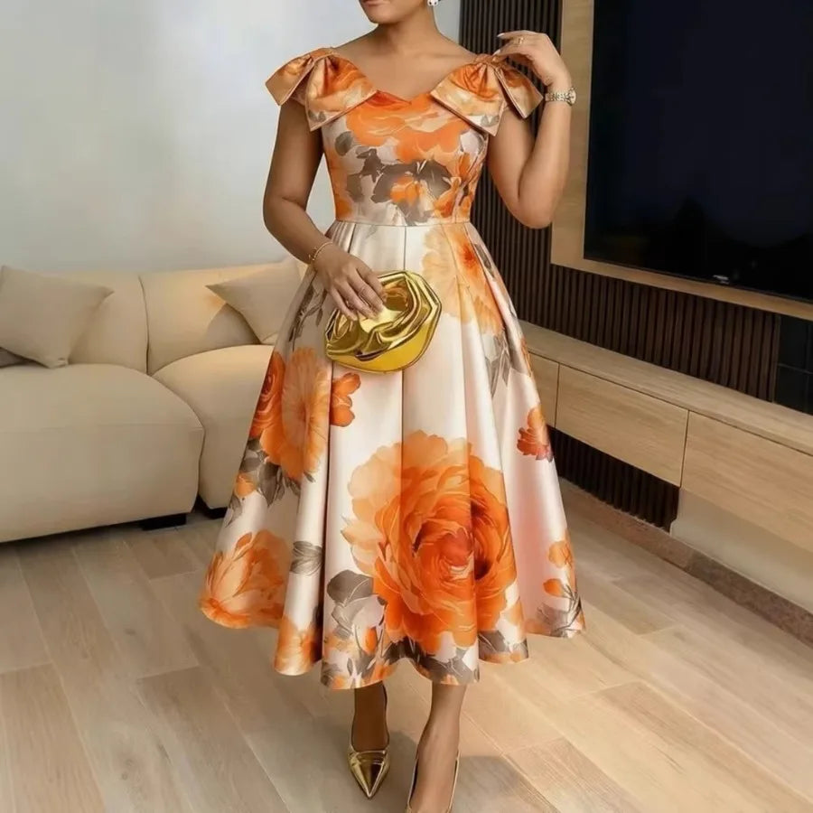 French orange blossom print dress, ruffled neckline, elegant vacation style, slimming and waist