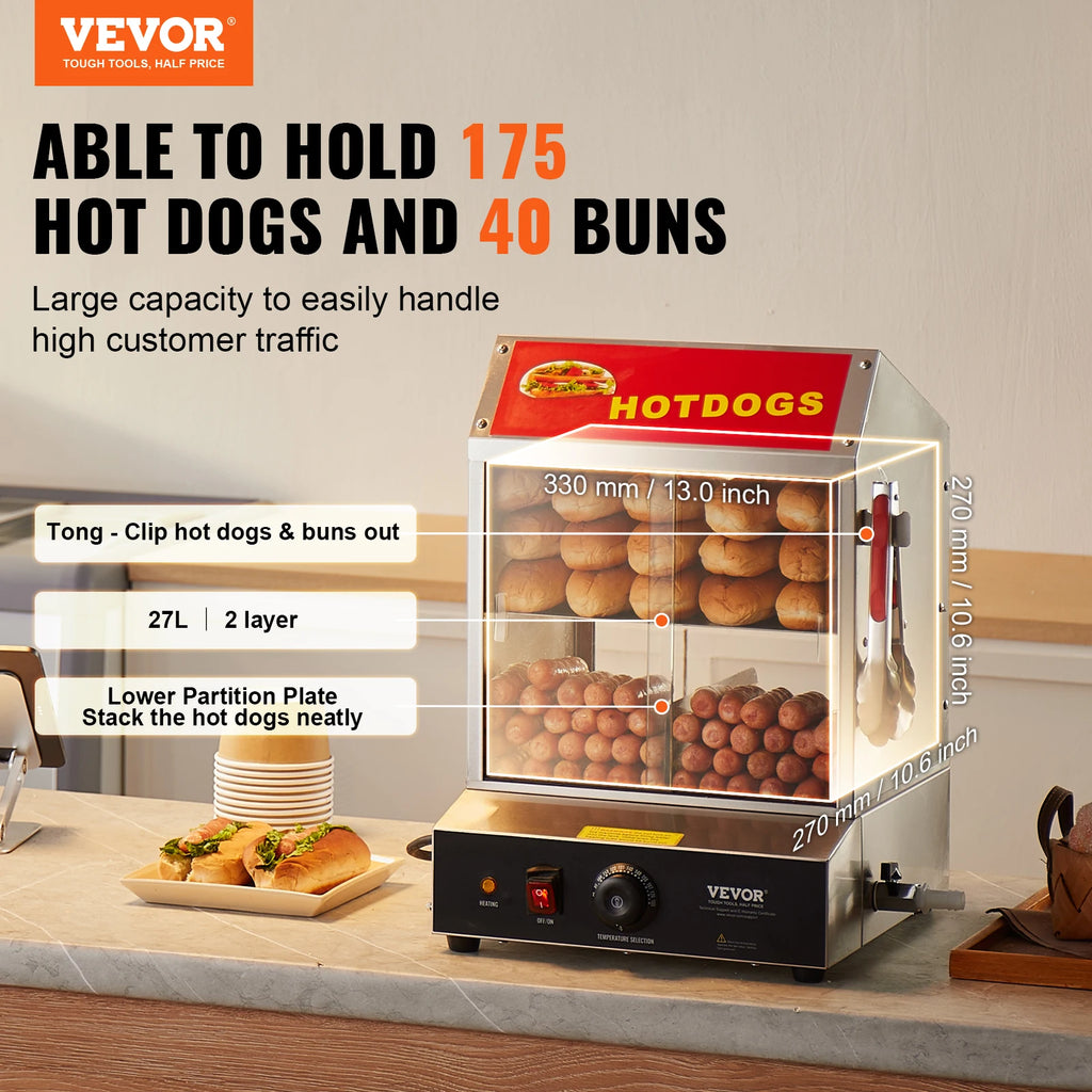SucceBuy 27/37L 2Tiers Hot Dog Steamer with Temperature Control Stainless Steel Electric