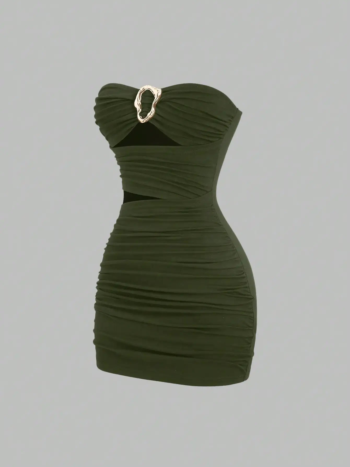 Ruched Strapless Mini Dress With Cutout Waist And Ornamental Metal Ring