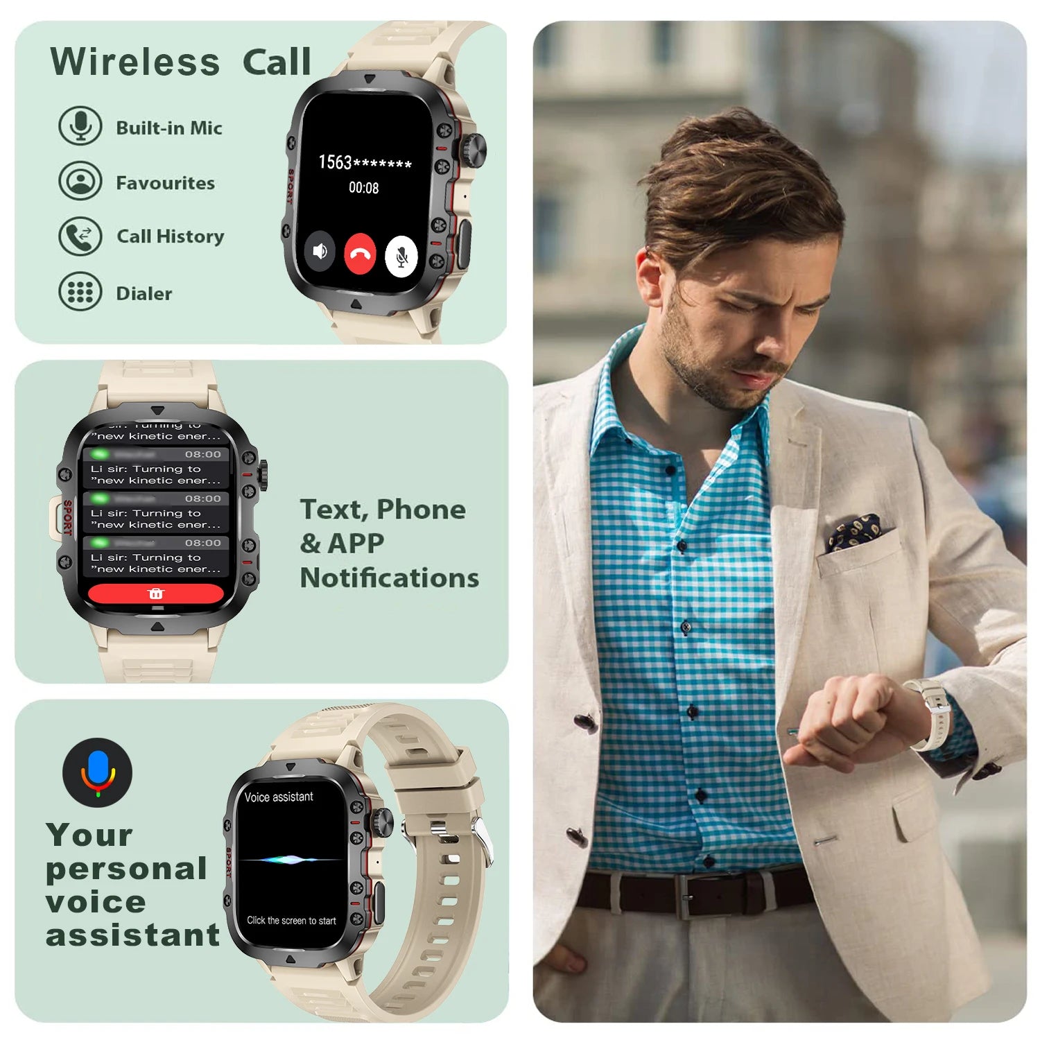AI Voice Assistant Smart Watch, 1.96'' HD Screen Activity Trackers with 100+Sports/ Bluetooth Call/ SMS Alerts/ Flashlight