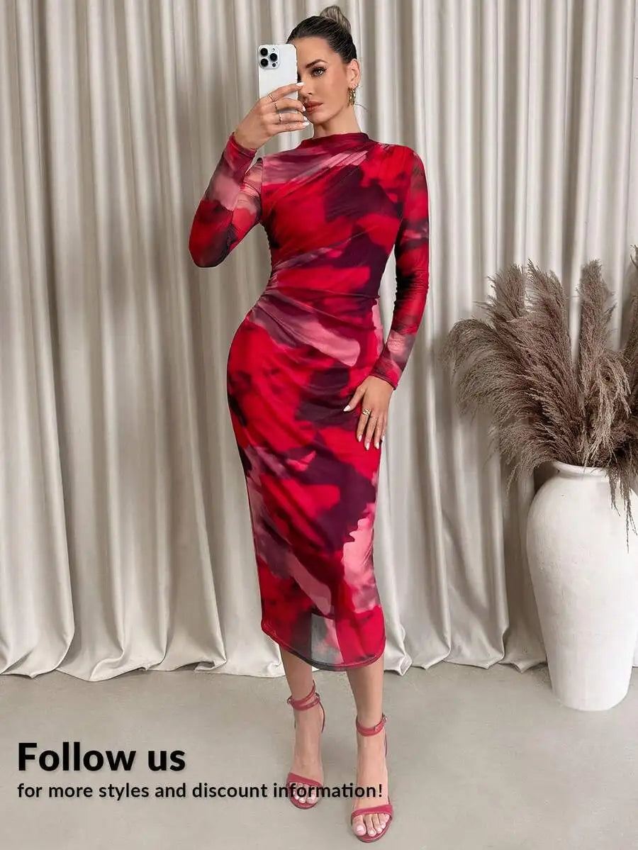 Women's Asymmetrical Ruched Mesh Knit Midi Dress with Gradient Print